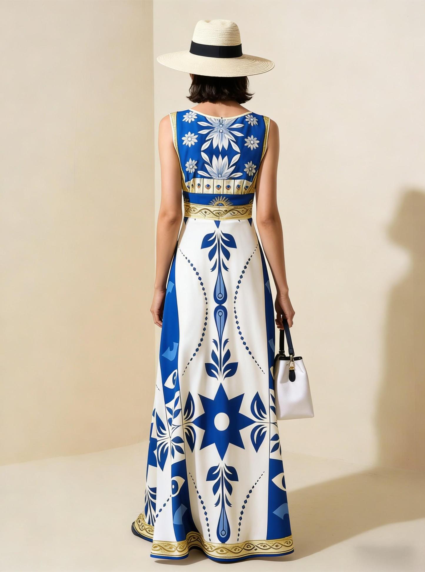Blue & White Geometric Tribal Sleeveless Maxi Dress, Mediterranean Style Vacation Dress