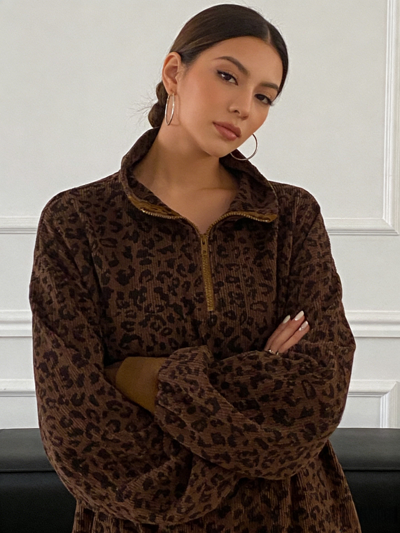 Sudadera holgada de terciopelo con estampado de leopardo de mujer de cuello alto con cremallera media-Aegean-sea