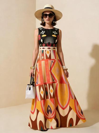 2026 Spring New Sleeveless Art Print Maxi Dress