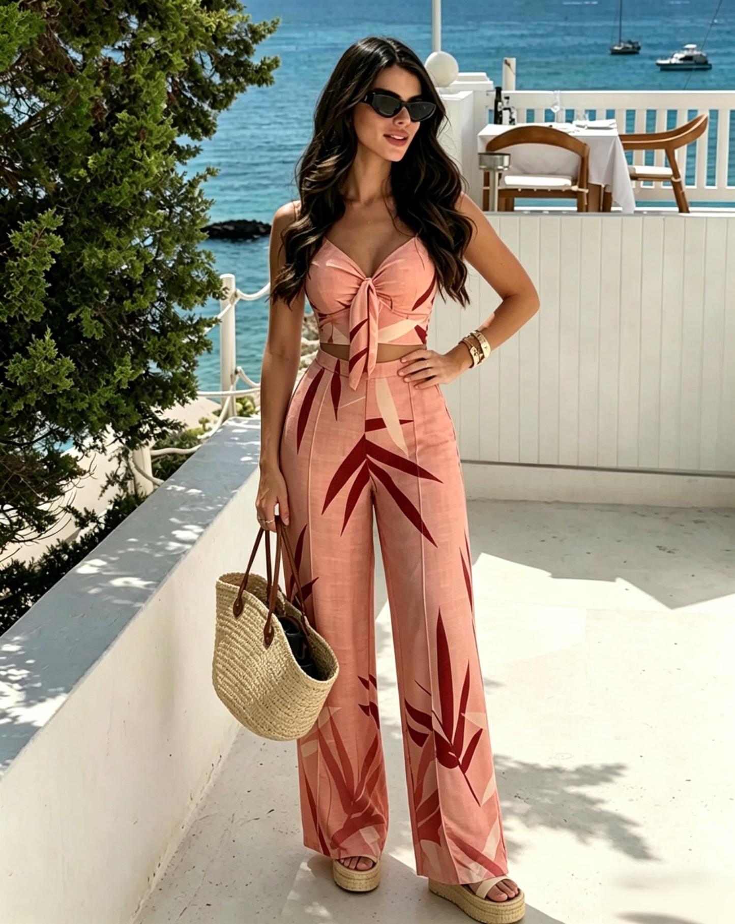 Pink Bamboo Leaf Strap Wide Legs Set, Holiday Style Two-piece Set