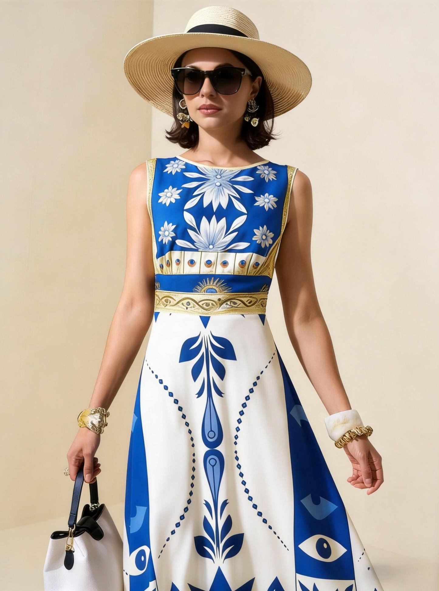 Blue & White Geometric Tribal Sleeveless Maxi Dress, Mediterranean Style Vacation Dress