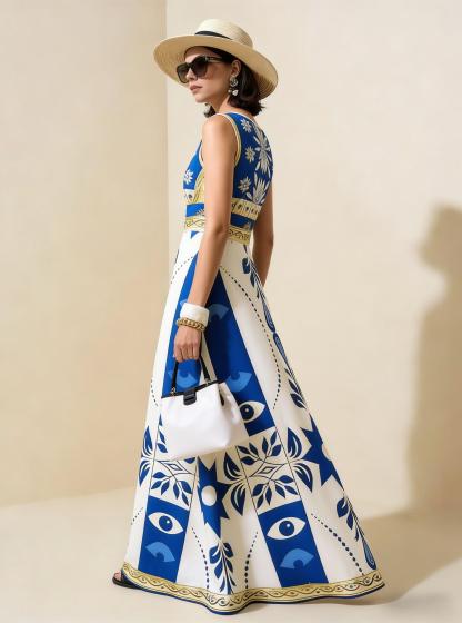 Blue & White Geometric Tribal Sleeveless Maxi Dress, Mediterranean Style Vacation Dress