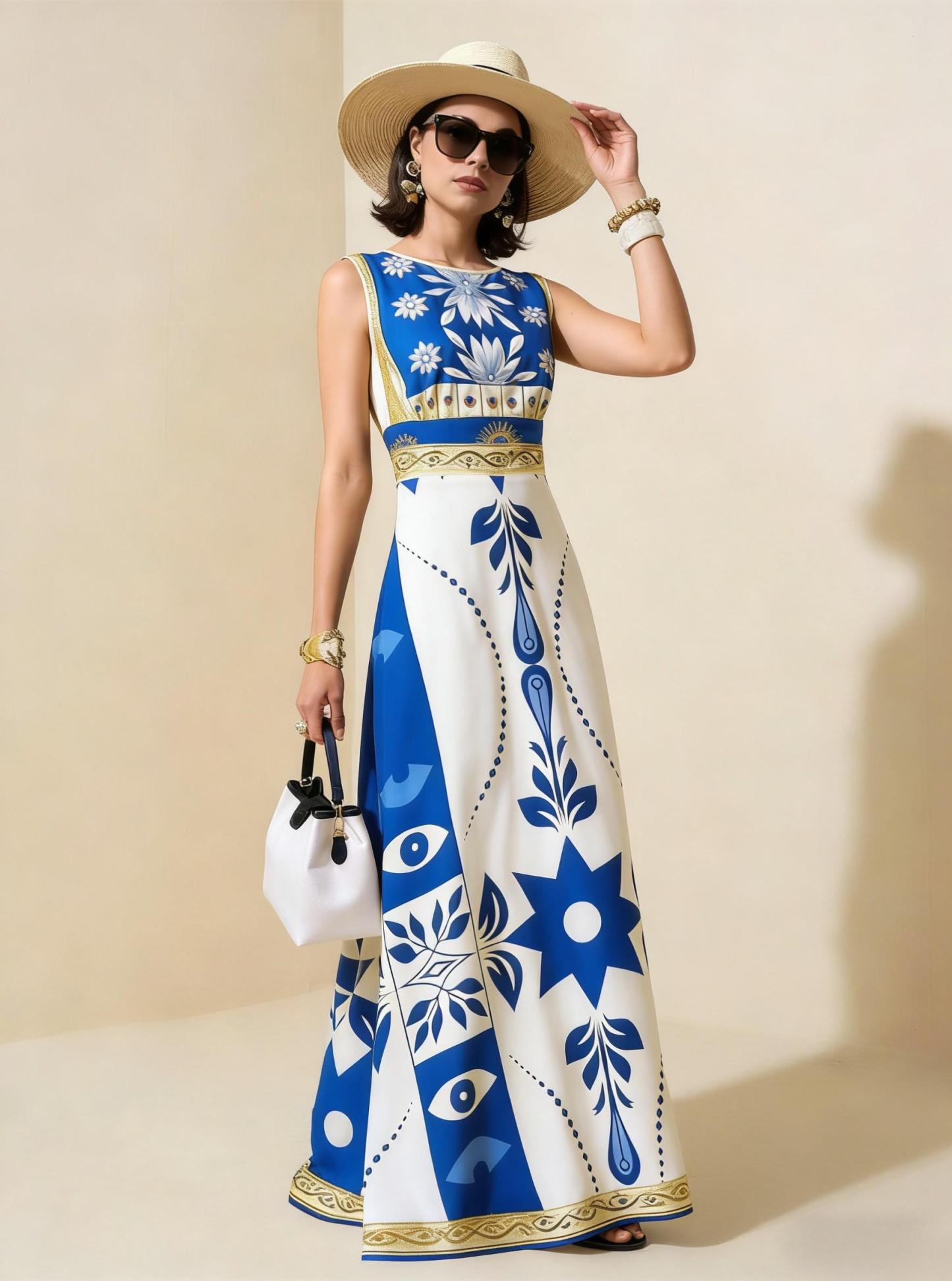 Blue & White Geometric Tribal Sleeveless Maxi Dress, Mediterranean Style Vacation Dress