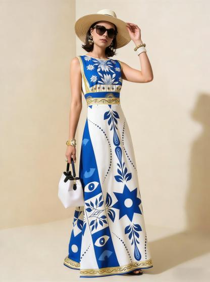 Blue & White Geometric Tribal Sleeveless Maxi Dress, Mediterranean Style Vacation Dress