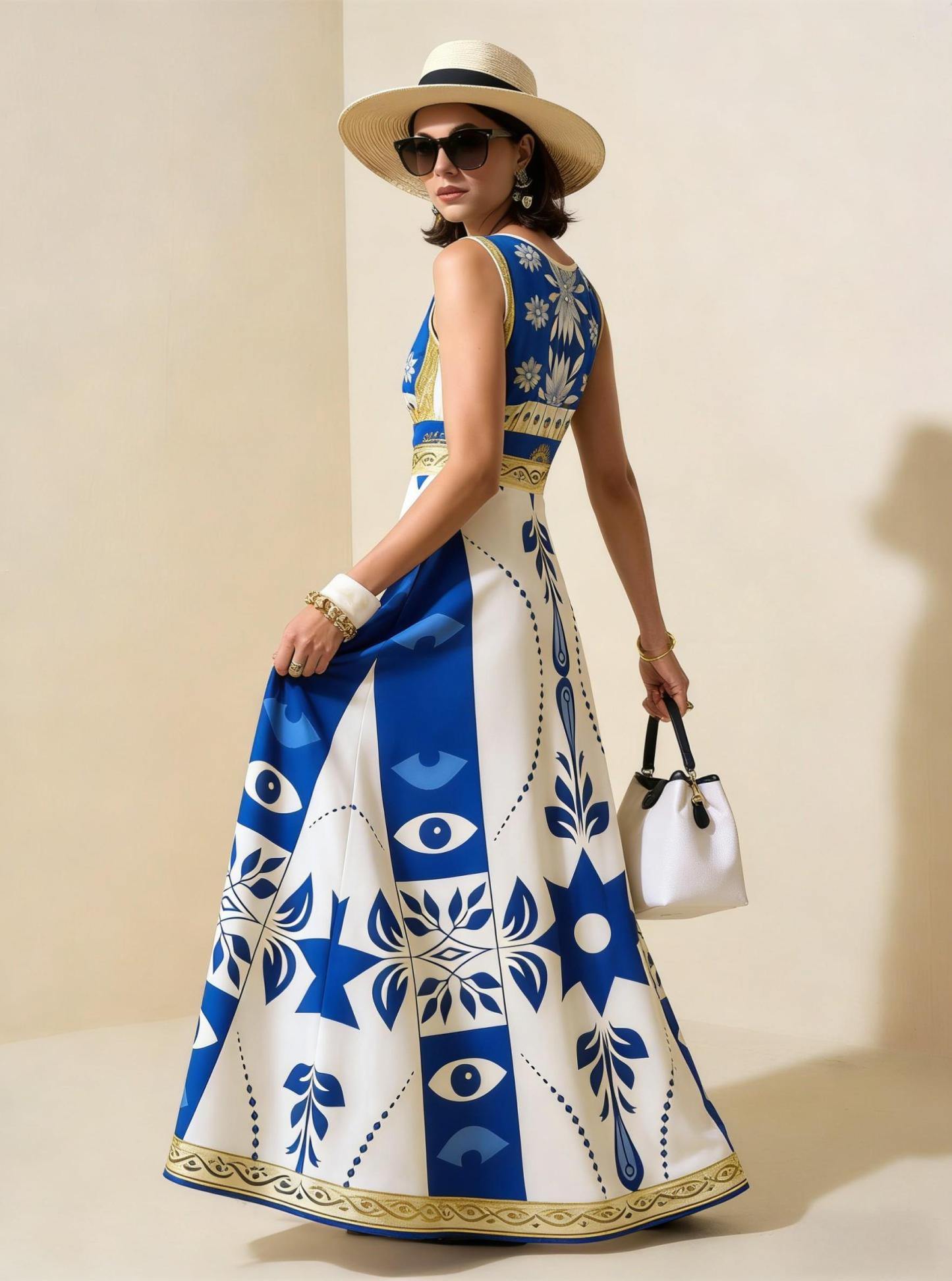 Blue & White Geometric Tribal Sleeveless Maxi Dress, Mediterranean Style Vacation Dress
