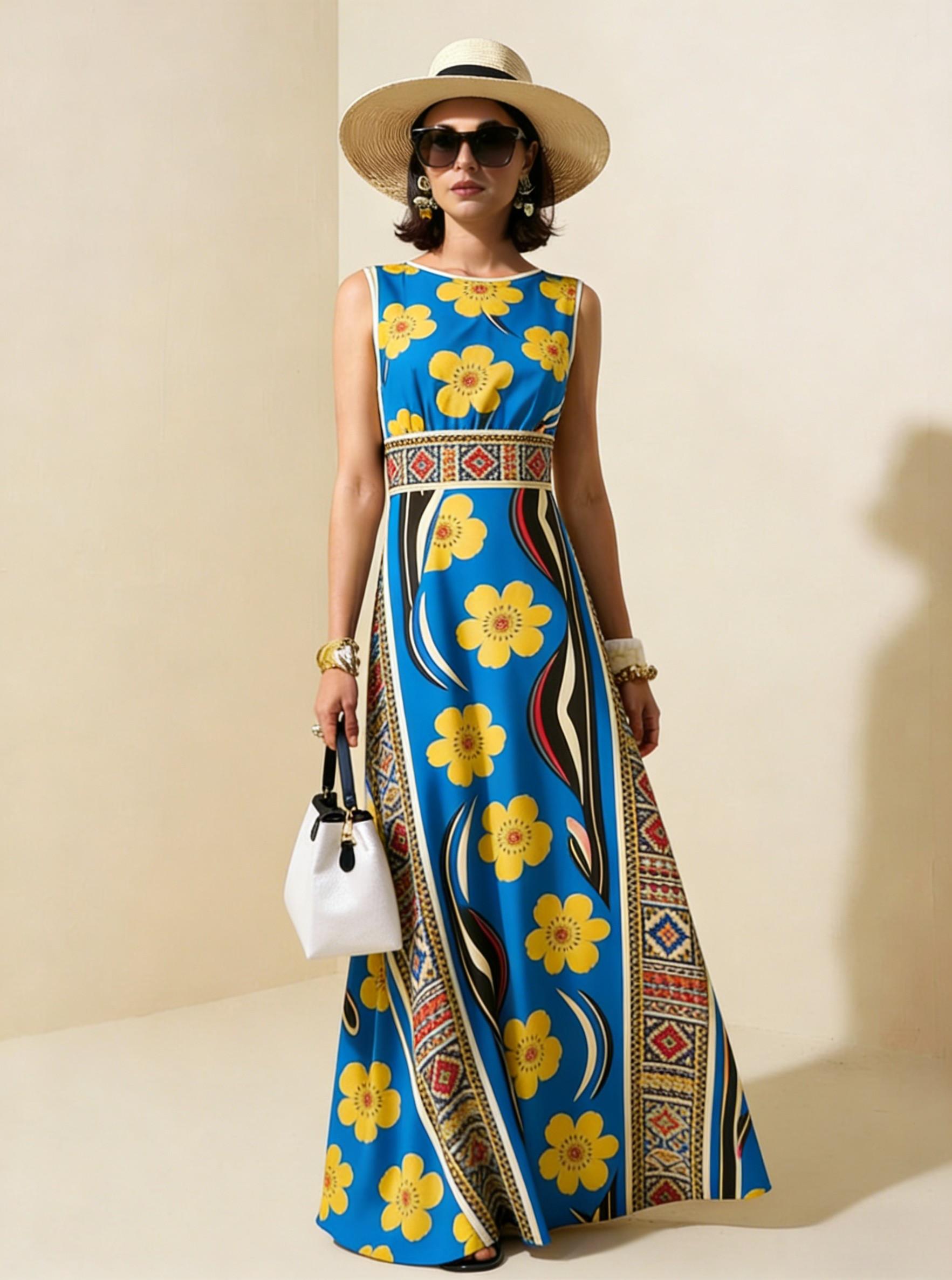 Blue Yellow Floral Ethnic Sleeveless Maxi Dress, Boho Vacation Flowy A Line Dress