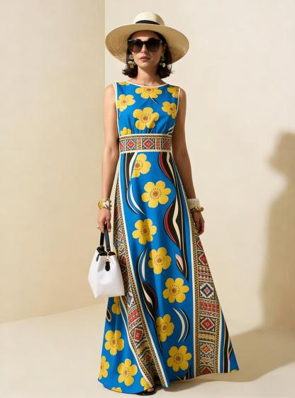 Blue Yellow Floral Ethnic Sleeveless Maxi Dress, Boho Vacation Flowy A Line Dress