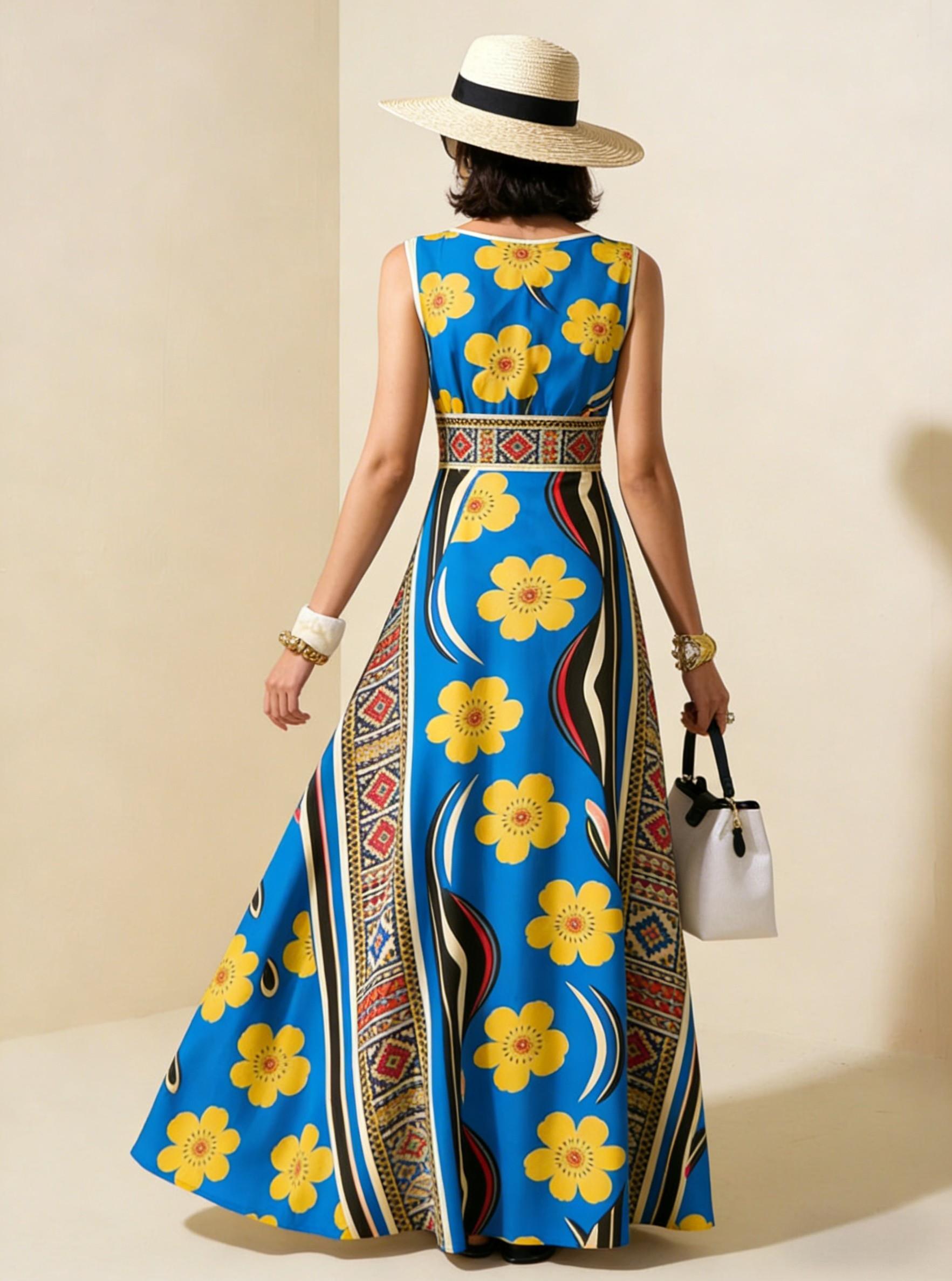 Blue Yellow Floral Ethnic Sleeveless Maxi Dress, Boho Vacation Flowy A Line Dress