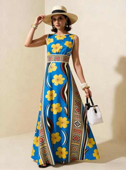 Blue Yellow Floral Ethnic Sleeveless Maxi Dress, Boho Vacation Flowy A Line Dress