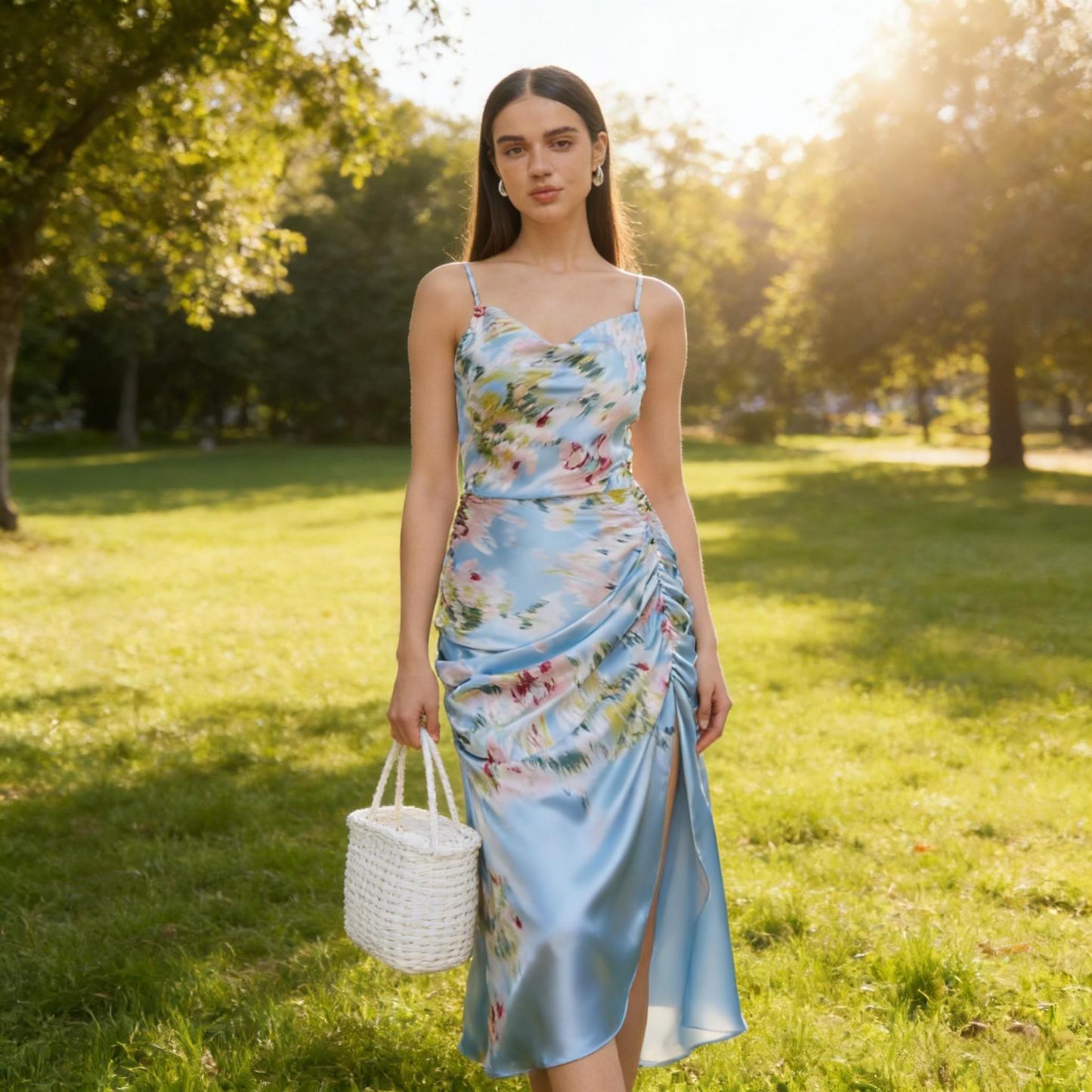 Woman's Pastel Abstract Print Satin Slip Dress with Ruched Detail