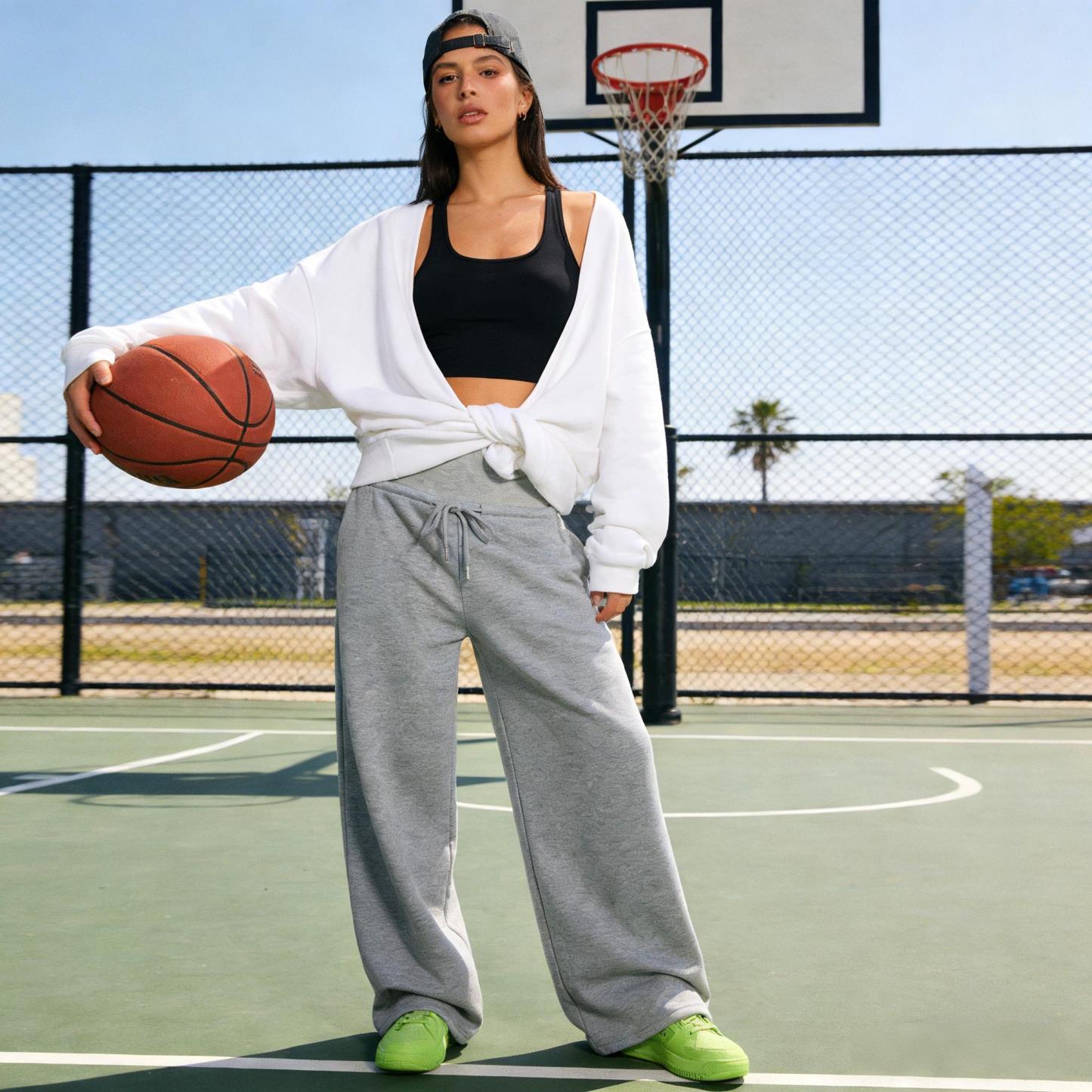 Light gray high waist drawstring broad leg wei pants woman, loose sagging feeling lazy wind pants