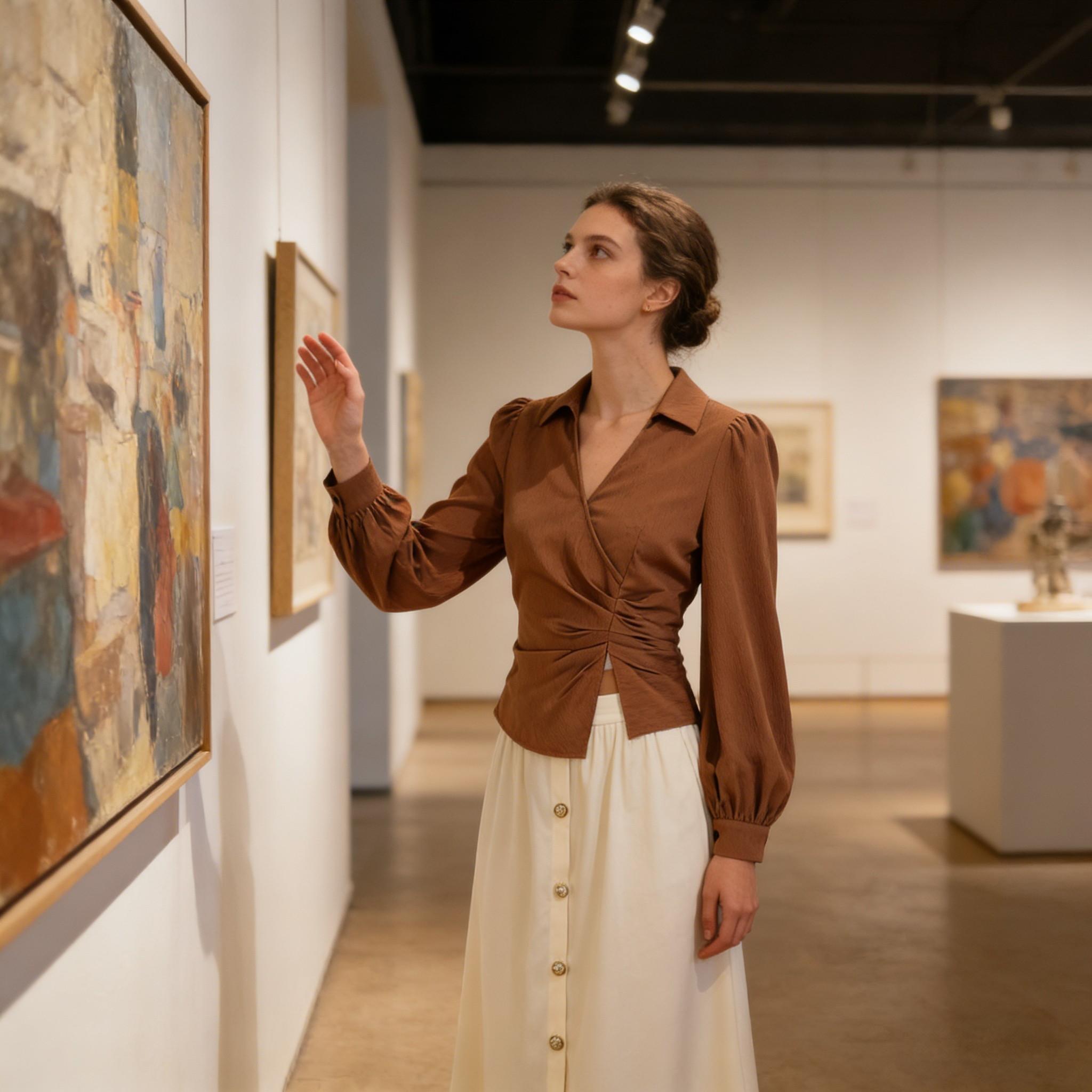 Caramel-colored twisted body shirt, beige-white high-waisted half-skirt button-down suit