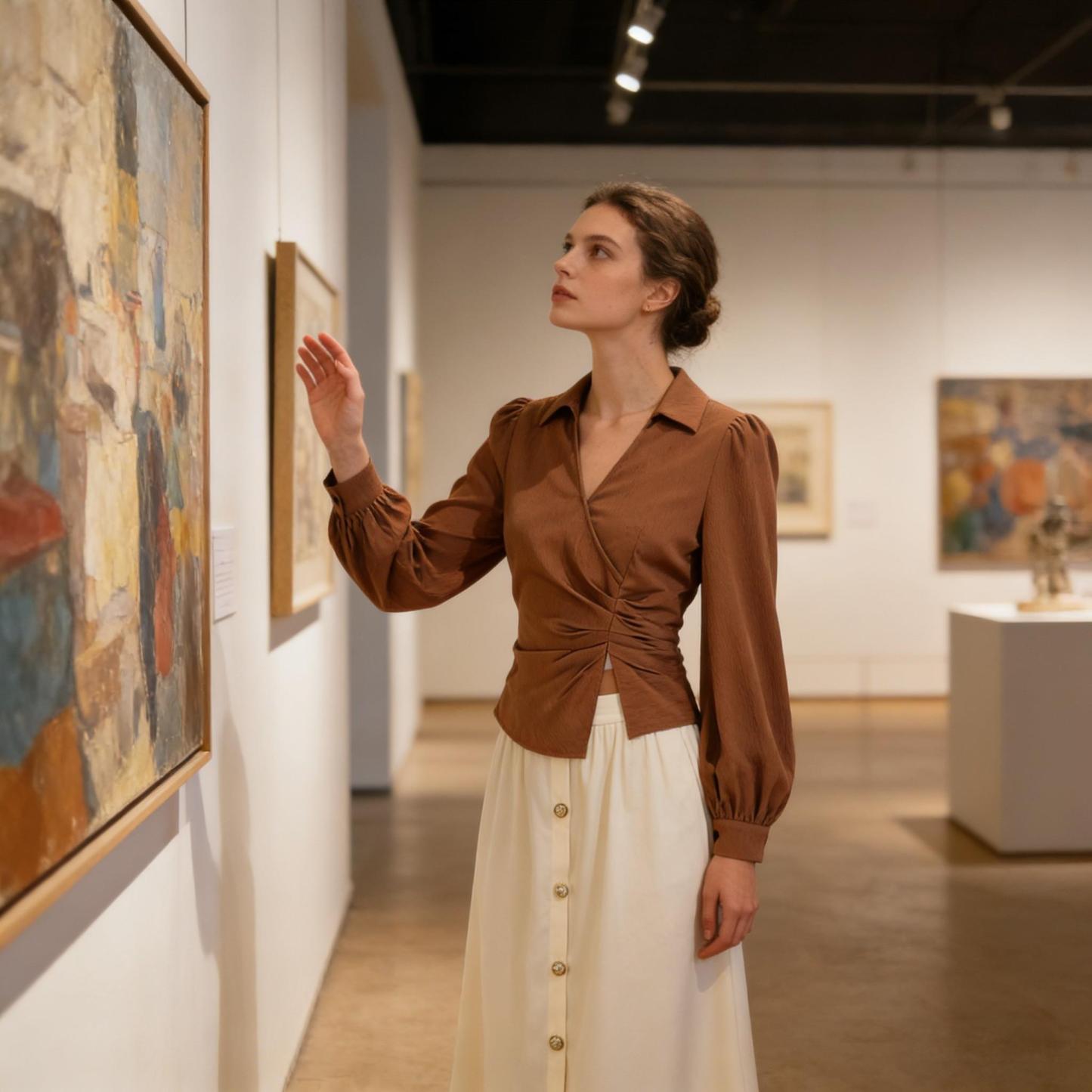 Caramel-colored twisted body shirt, beige-white high-waisted half-skirt button-down suit