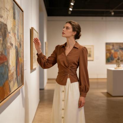 Caramel-colored twisted body shirt, beige-white high-waisted half-skirt button-down suit