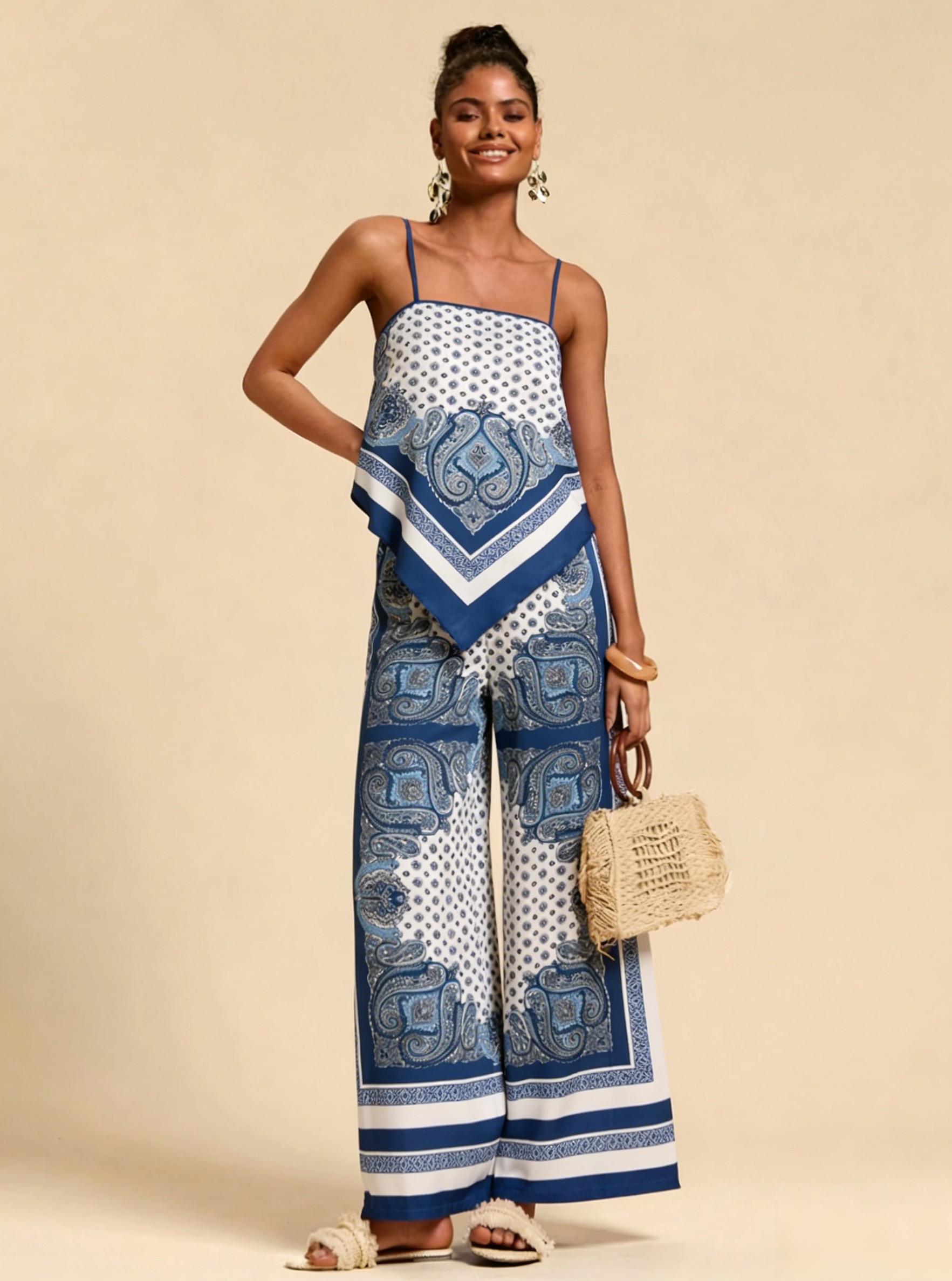 Flowery sling-back square scarf top wide-legged pants suit, bohemian holiday style two-piece suit