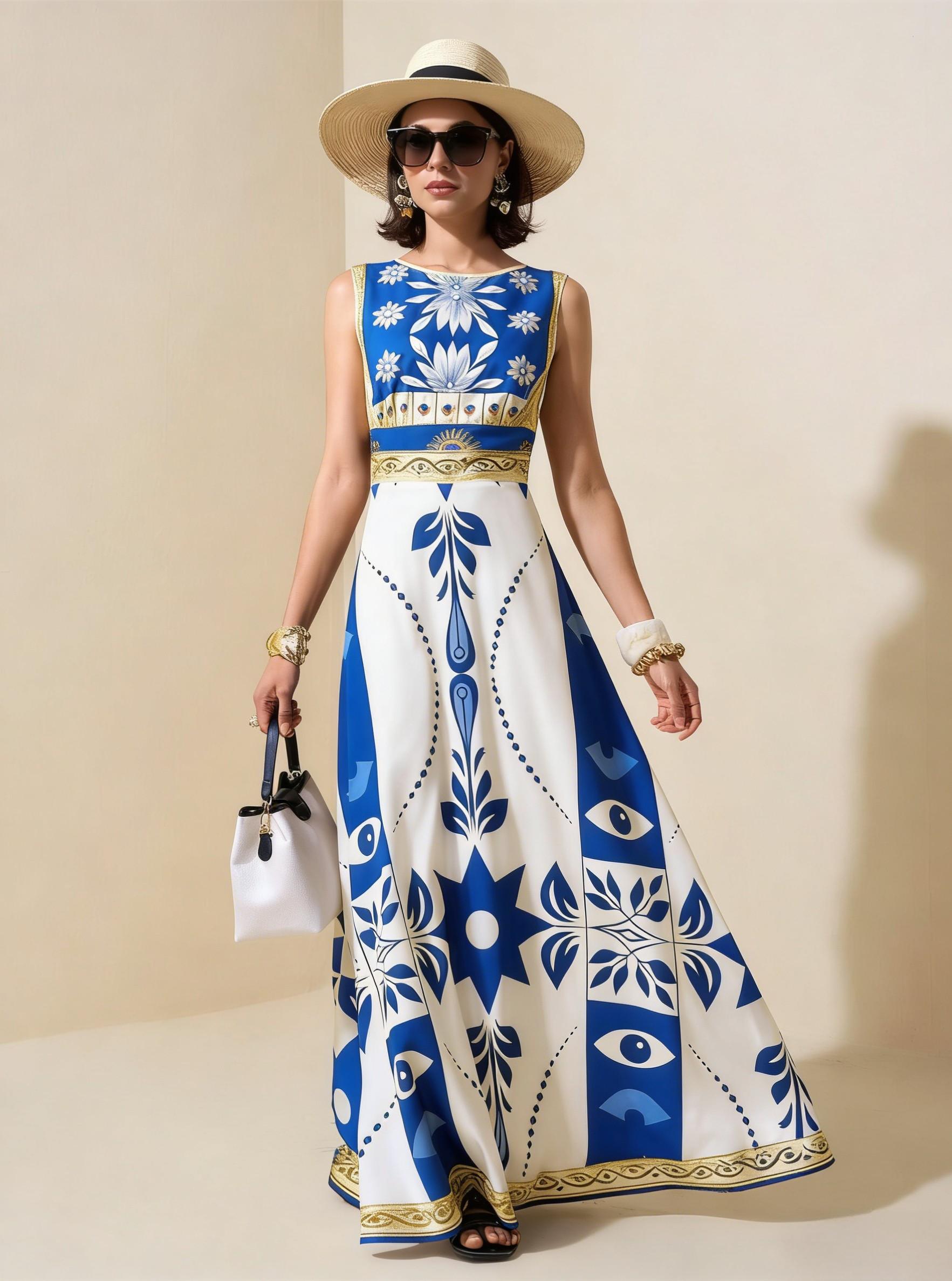 Blue & White Geometric Tribal Sleeveless Maxi Dress, Mediterranean Style Vacation Dress