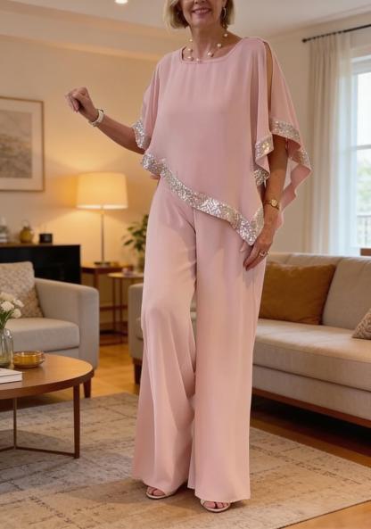 Pink sequined wide-legged suit, elegant temperament two-piece suit