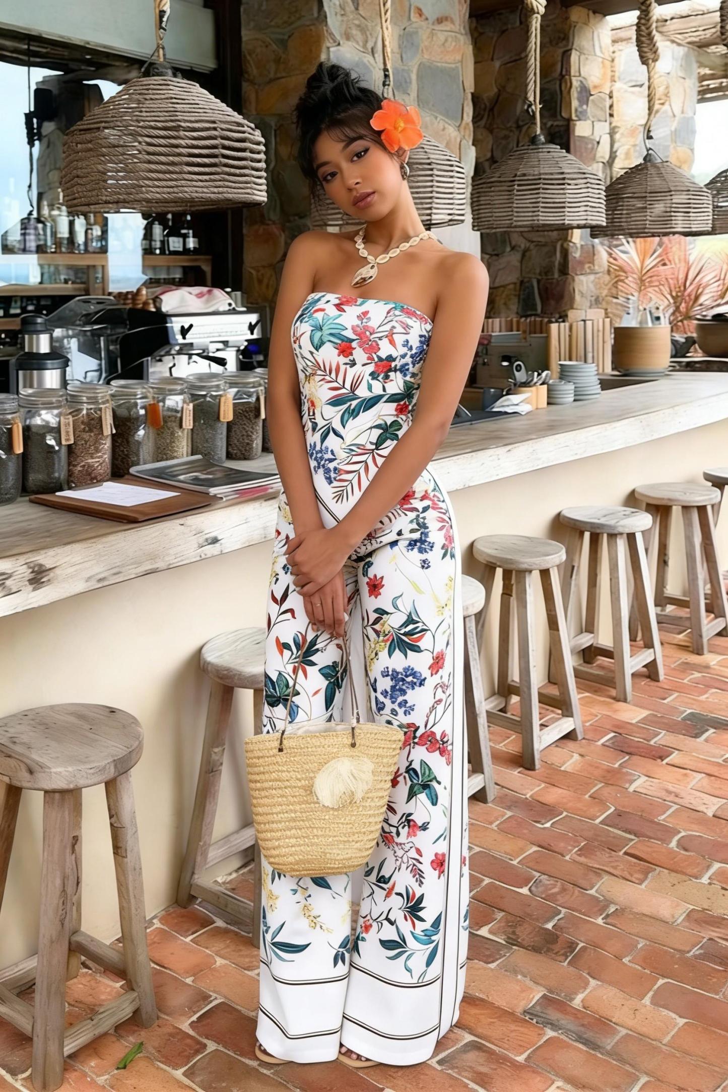 Tropical Plant Print Breasted Wide Legs Suit,,vacation-style slim-fit two-piece set