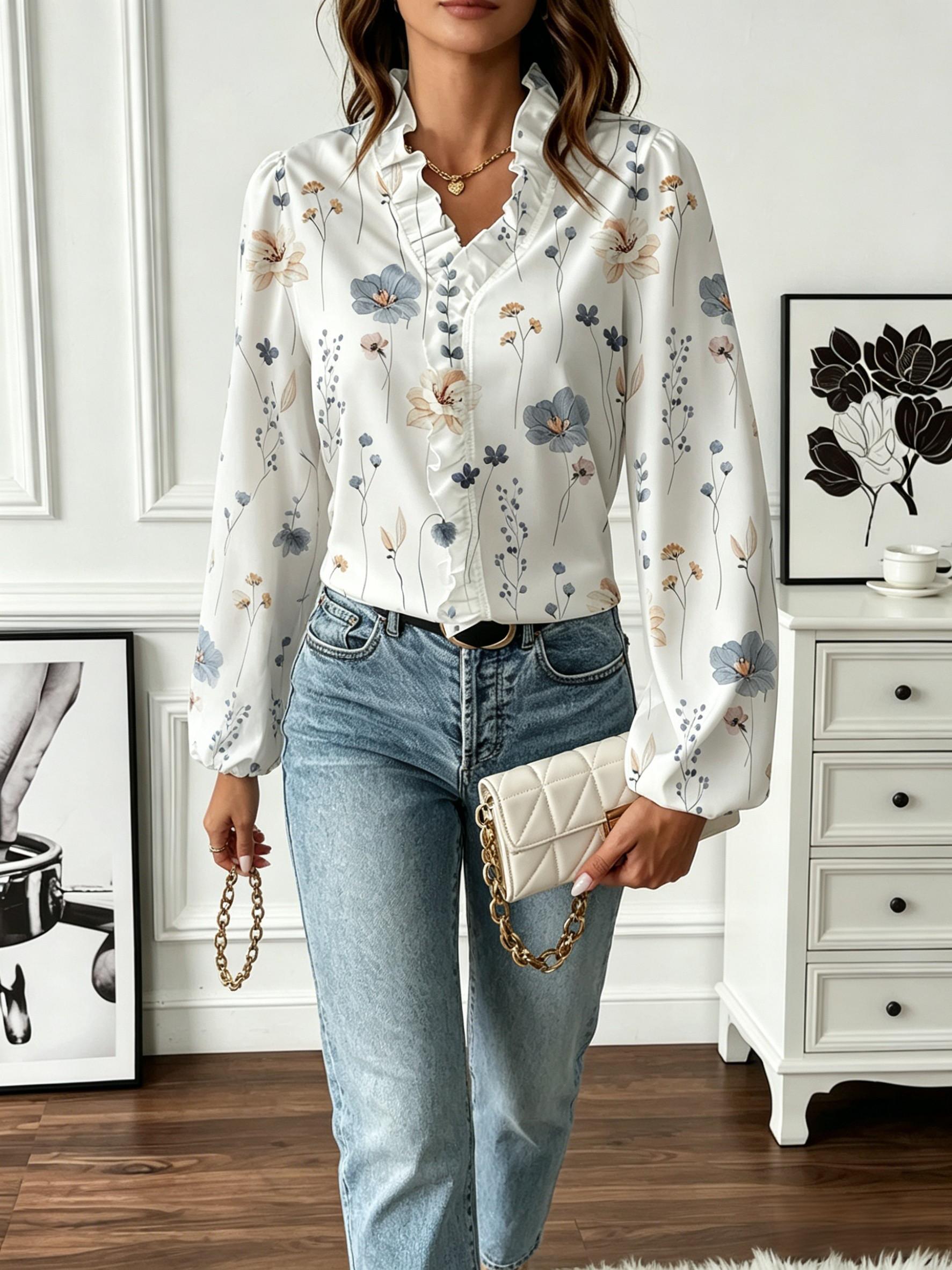 Floral Lace-Trimmed V-Neck Blouse, Puff Sleeve Chiffon Top