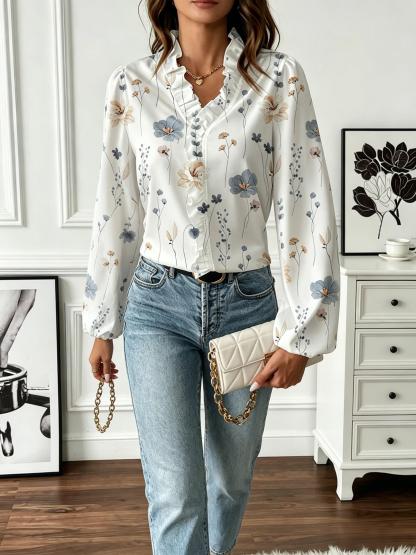 Floral Lace-Trimmed V-Neck Blouse, Puff Sleeve Chiffon Top