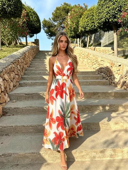 Tropical Floral V-Neck Camisole Maxi Dress