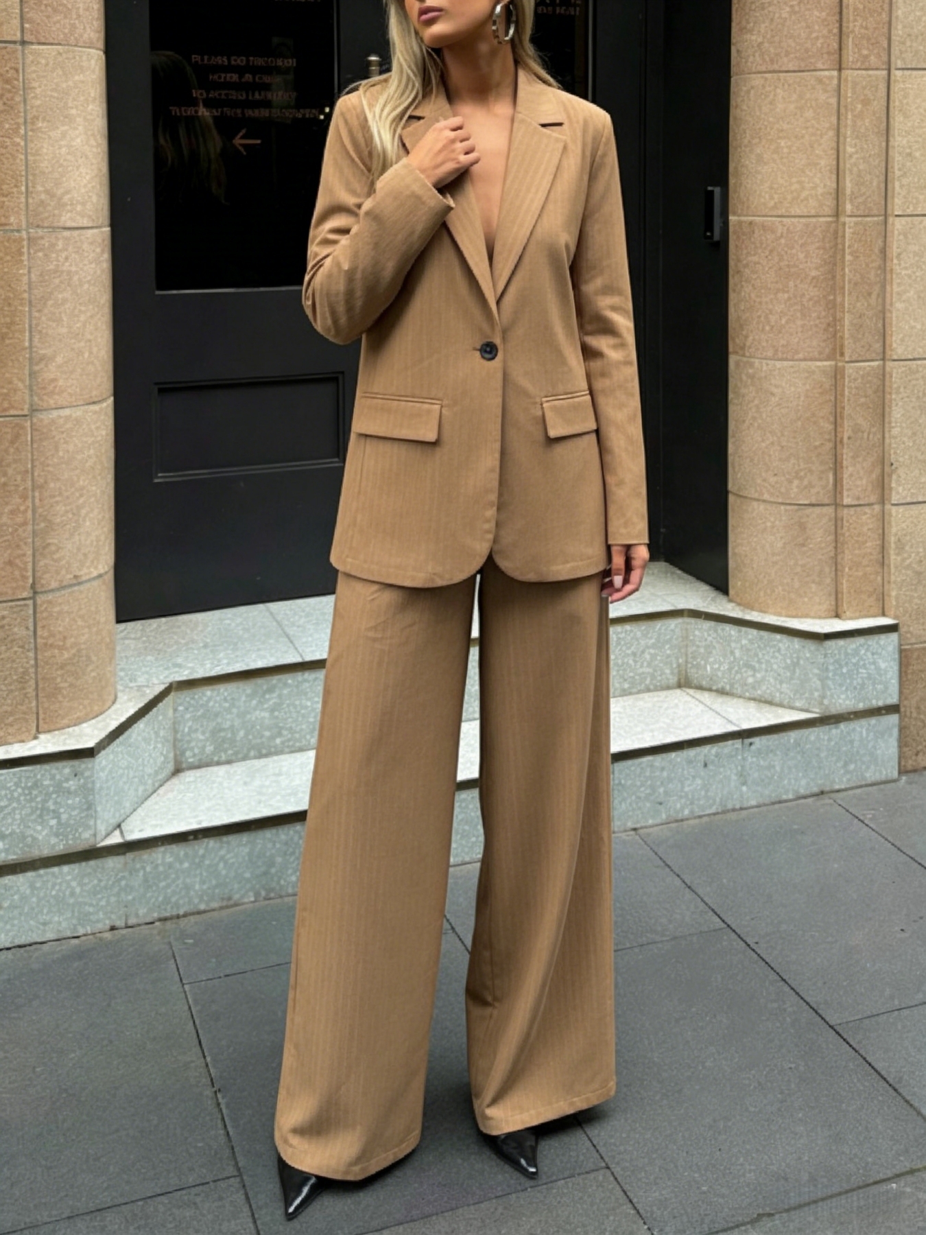 Woman's Camel Vertical Stripe Blazer & Wide-Leg Pants Set | Loose Casual Office Two-Piece-Aegean-sea