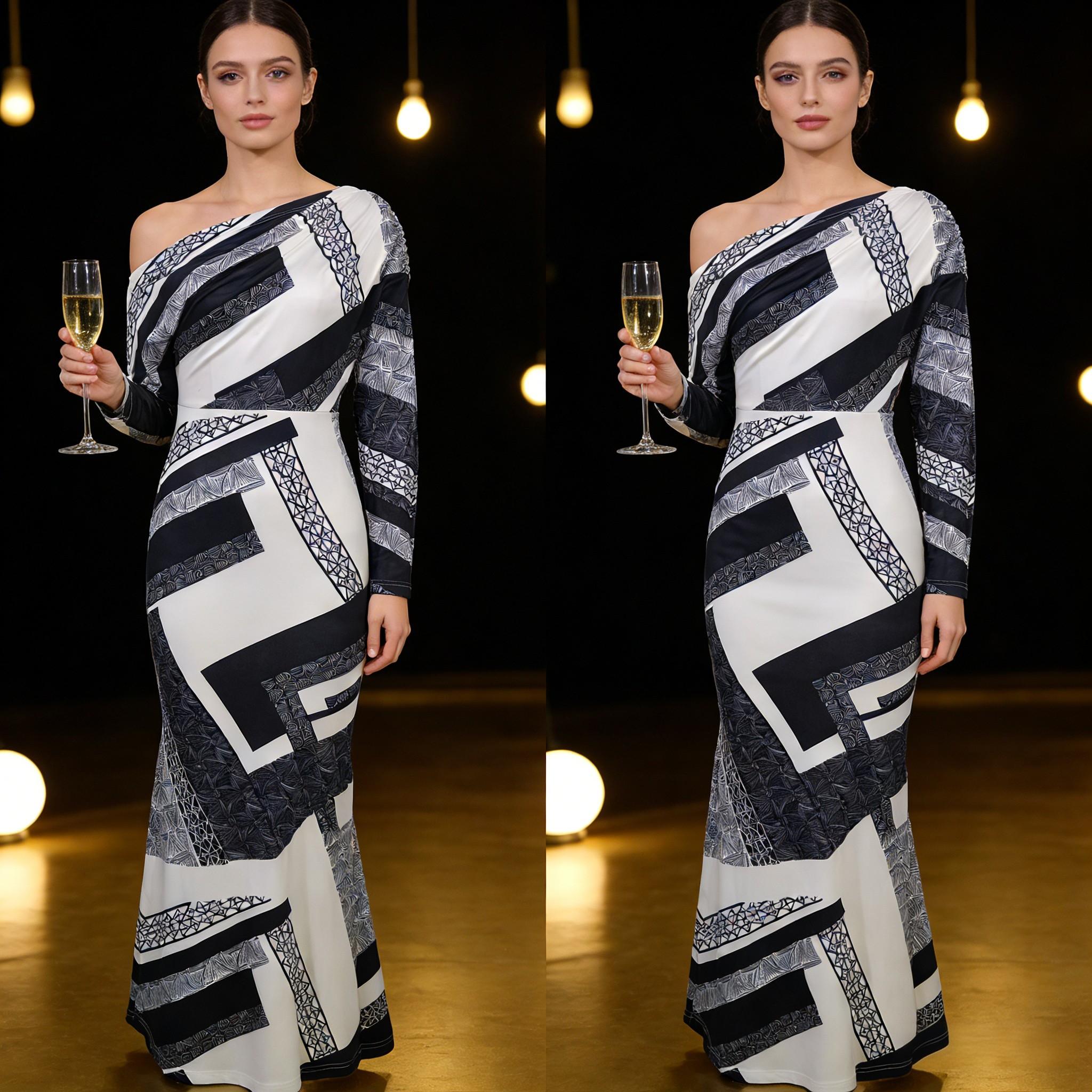 Black-and-white geometric-patterned slouch-shouldered women‘s dress Long-sleeved, body-fitting, hip-length skirt