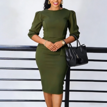 Women's Olive Green Puff Sleeve Belted SheatDressh-Aegean-sea