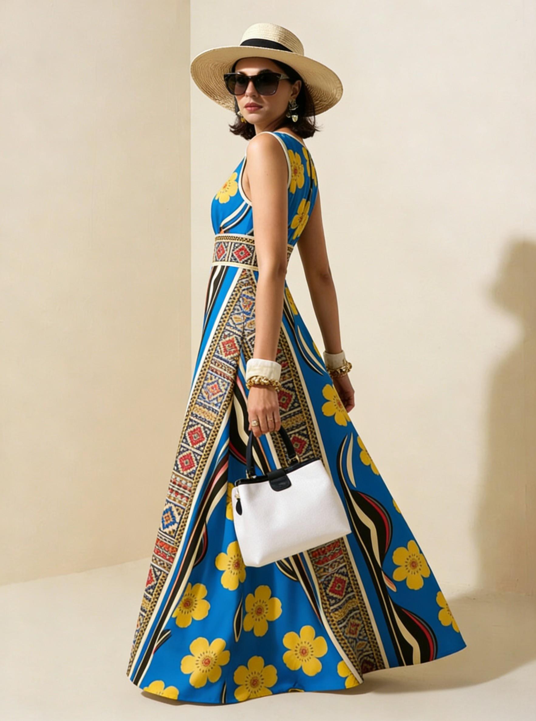 Blue Yellow Floral Ethnic Sleeveless Maxi Dress, Boho Vacation Flowy A Line Dress