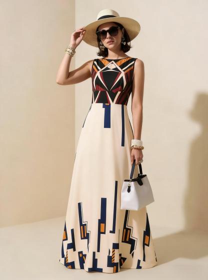 2026 Spring New Sleeveless Art Print Maxi Dress