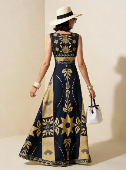 Navy Gold Geometric Tribal Sleeveless Maxi Dress, Luxury Palace Style Vacation Gown