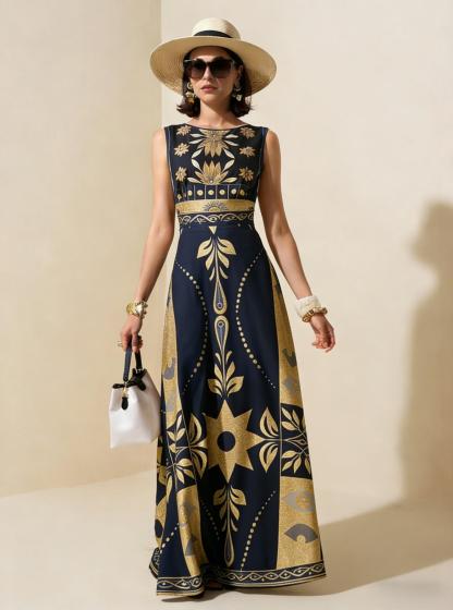 Navy Gold Geometric Tribal Sleeveless Maxi Dress, Luxury Palace Style Vacation Gown