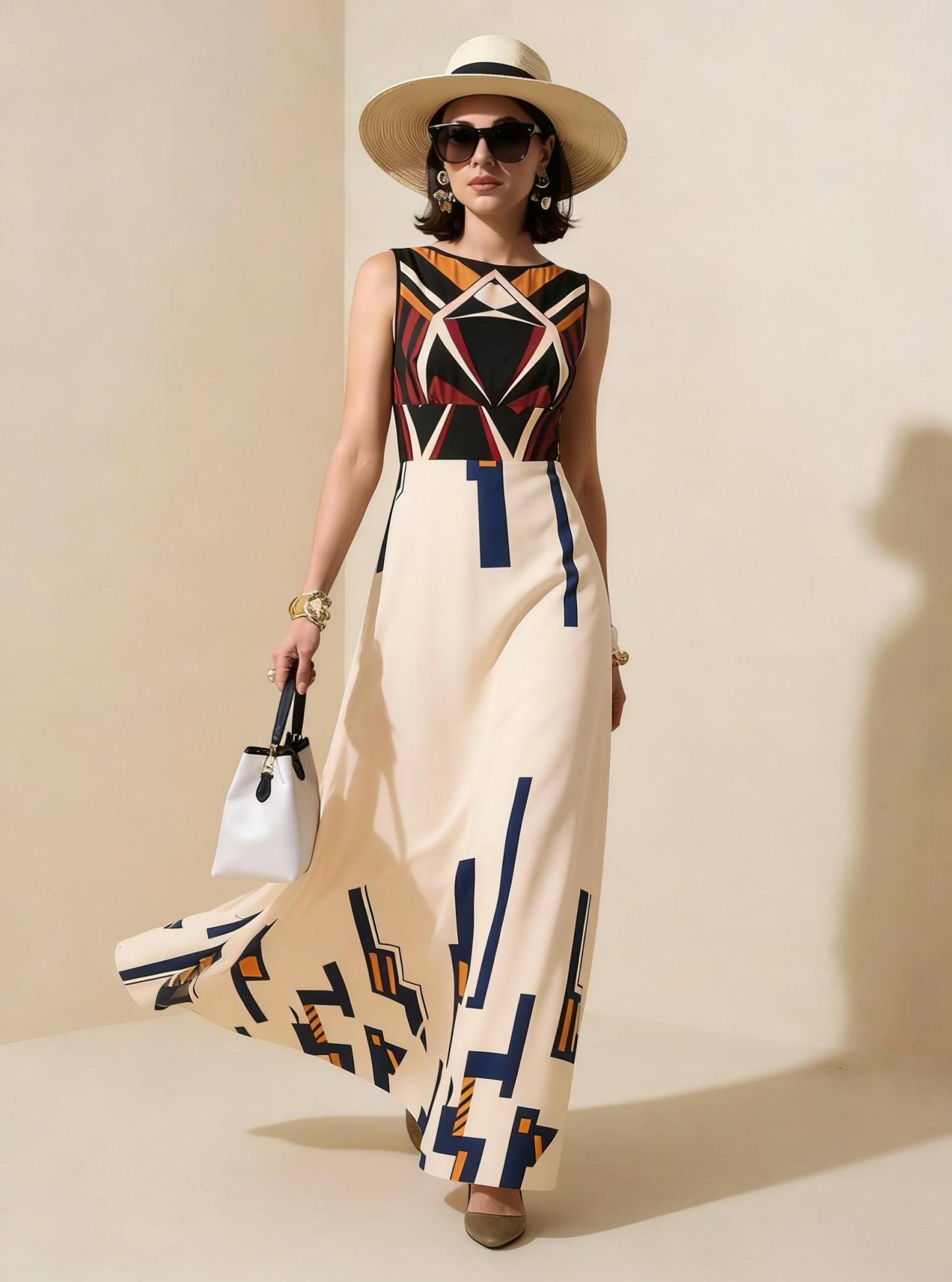 2026 Spring New Sleeveless Art Print Maxi Dress