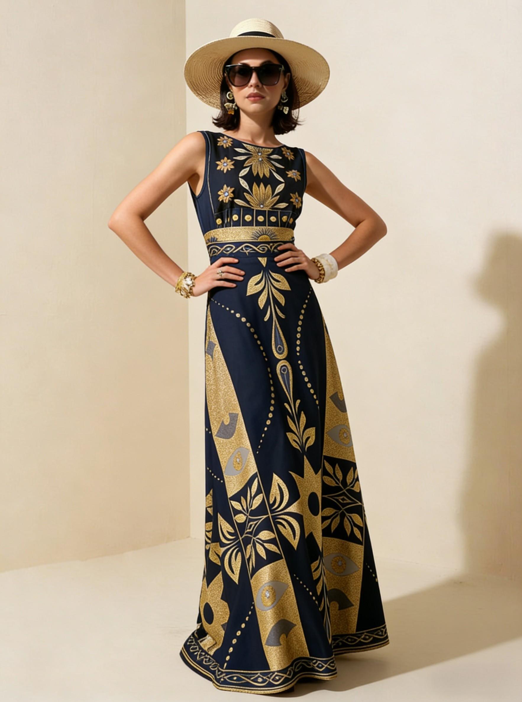 Navy Gold Geometric Tribal Sleeveless Maxi Dress, Luxury Palace Style Vacation Gown