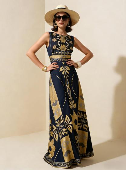 Navy Gold Geometric Tribal Sleeveless Maxi Dress, Luxury Palace Style Vacation Gown