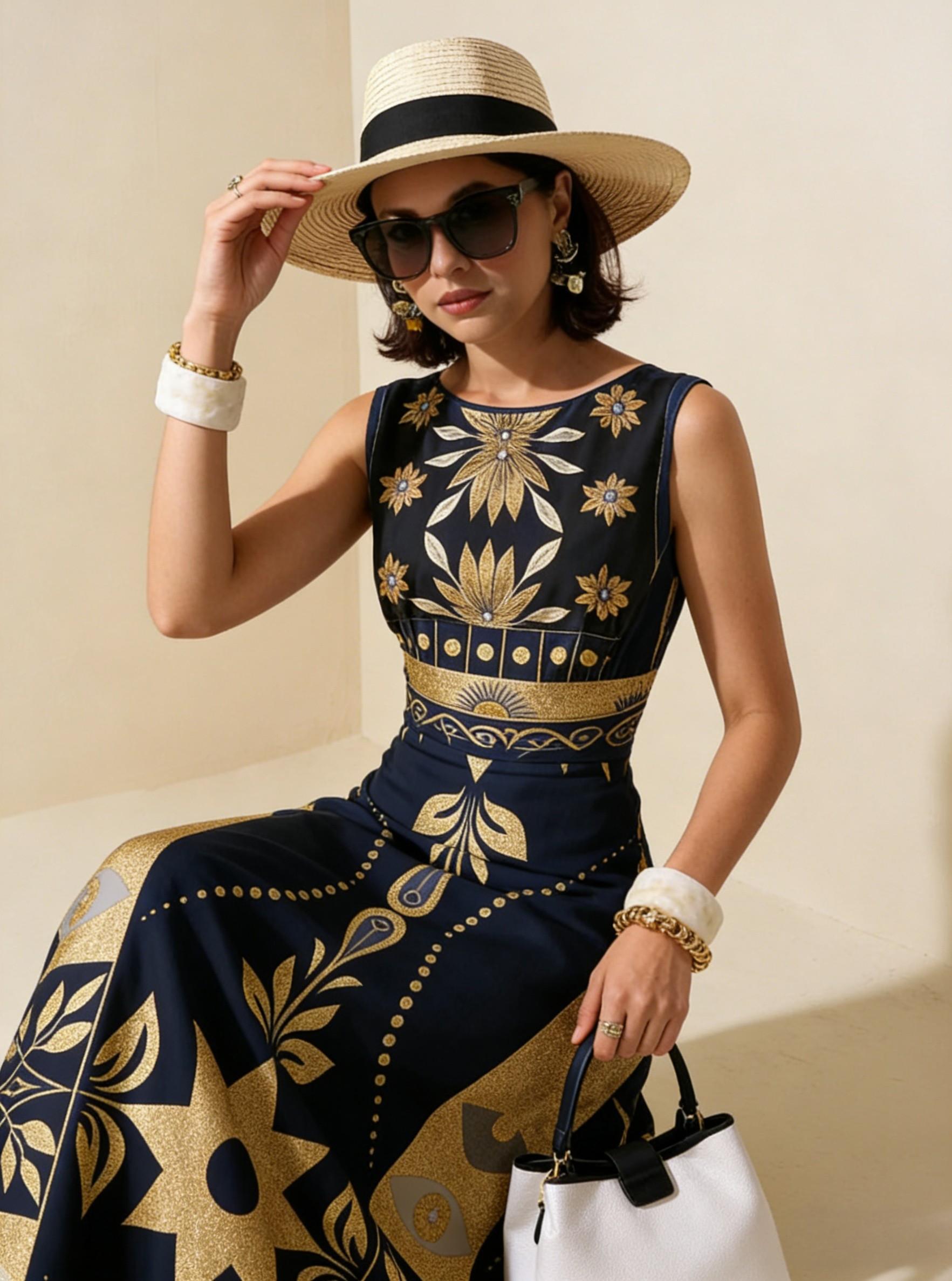 Navy Gold Geometric Tribal Sleeveless Maxi Dress, Luxury Palace Style Vacation Gown