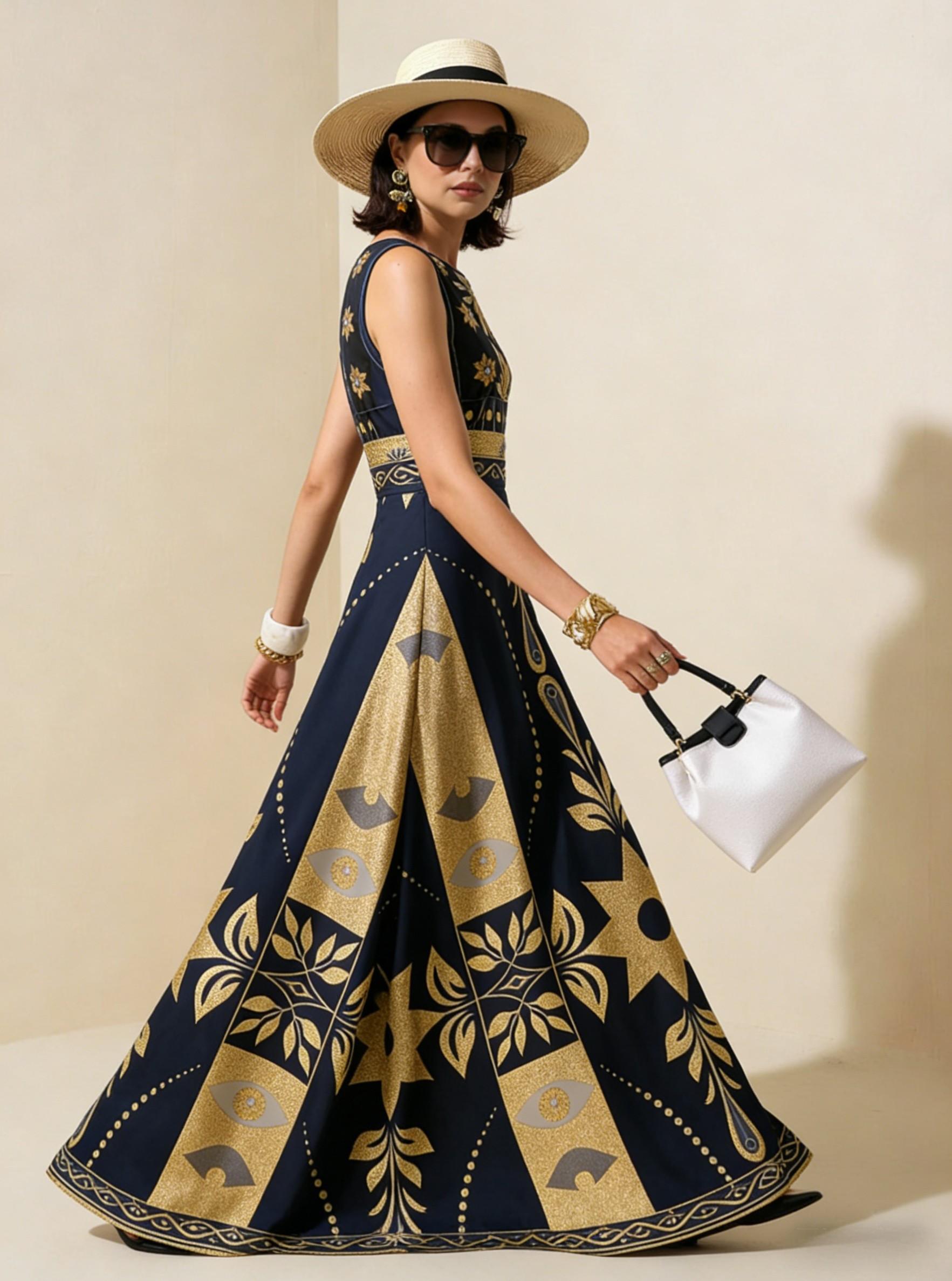 Navy Gold Geometric Tribal Sleeveless Maxi Dress, Luxury Palace Style Vacation Gown