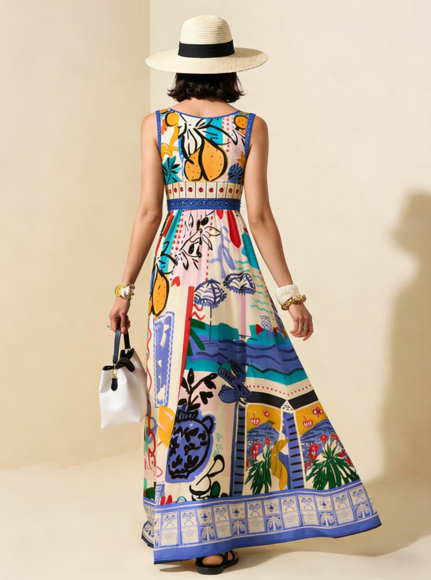 Colorful Graffiti Vacation Sleeveless Maxi Dress, Mediterranean Style Flowy Dress