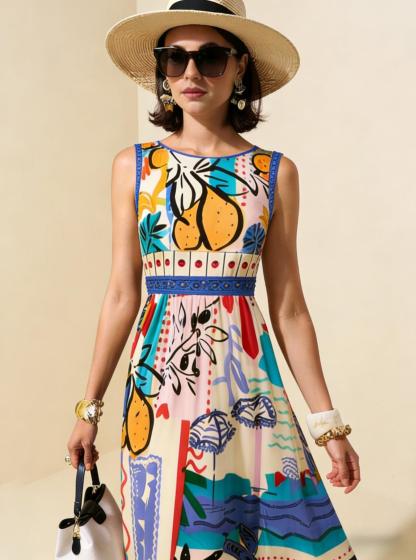 Colorful Graffiti Vacation Sleeveless Maxi Dress, Mediterranean Style Flowy Dress