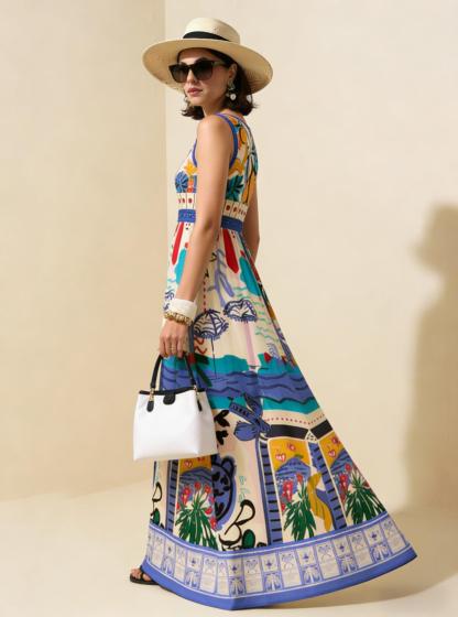 Colorful Graffiti Vacation Sleeveless Maxi Dress, Mediterranean Style Flowy Dress
