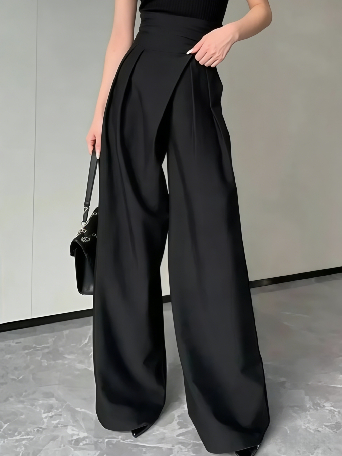 Black Pleated High Waist Wide Leg Pants-Aegean-sea