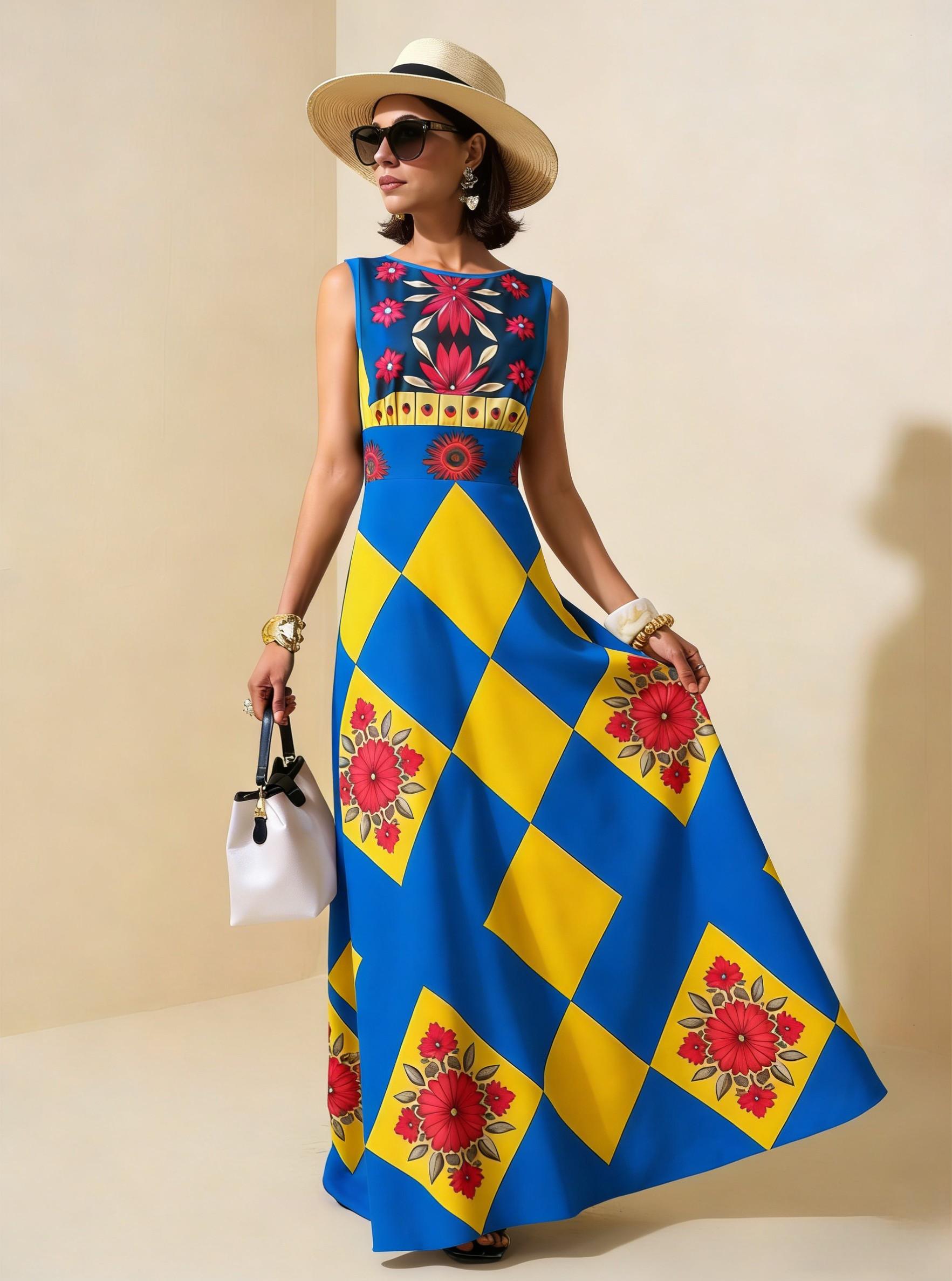 Blue & Yellow Diamond Floral Sleeveless Maxi Dress, Boho Vacation Flowy A Line Dress