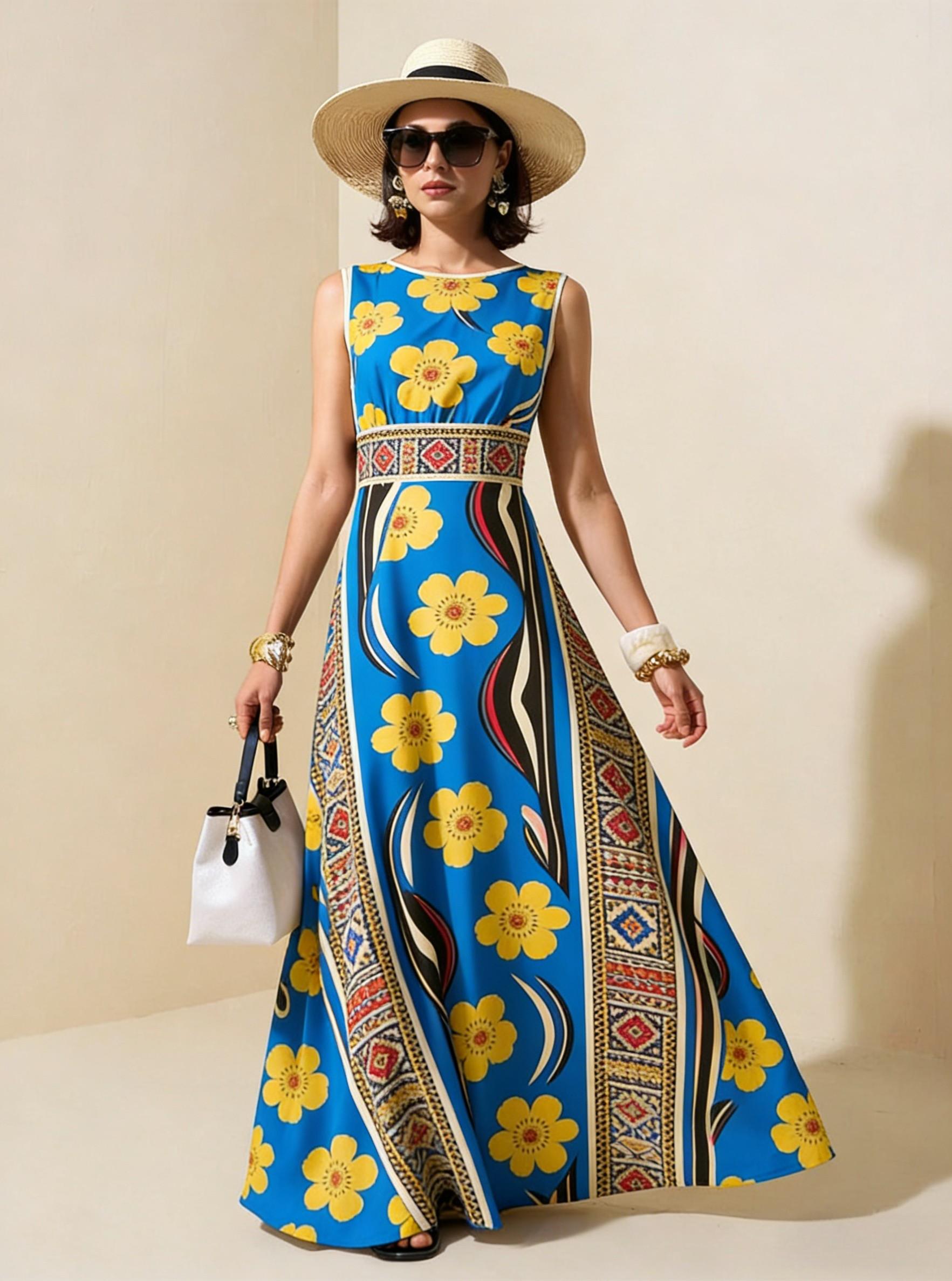 Blue Yellow Floral Ethnic Sleeveless Maxi Dress, Boho Vacation Flowy A Line Dress