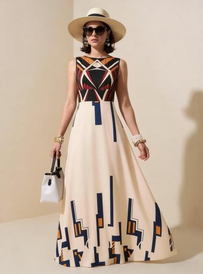 2026 Spring New Sleeveless Art Print Maxi Dress