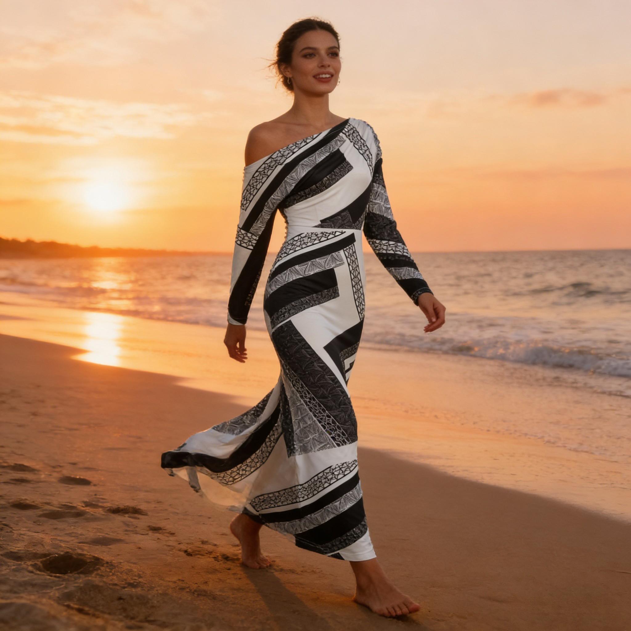 Black-and-white geometric-patterned slouch-shouldered women‘s dress Long-sleeved, body-fitting, hip-length skirt