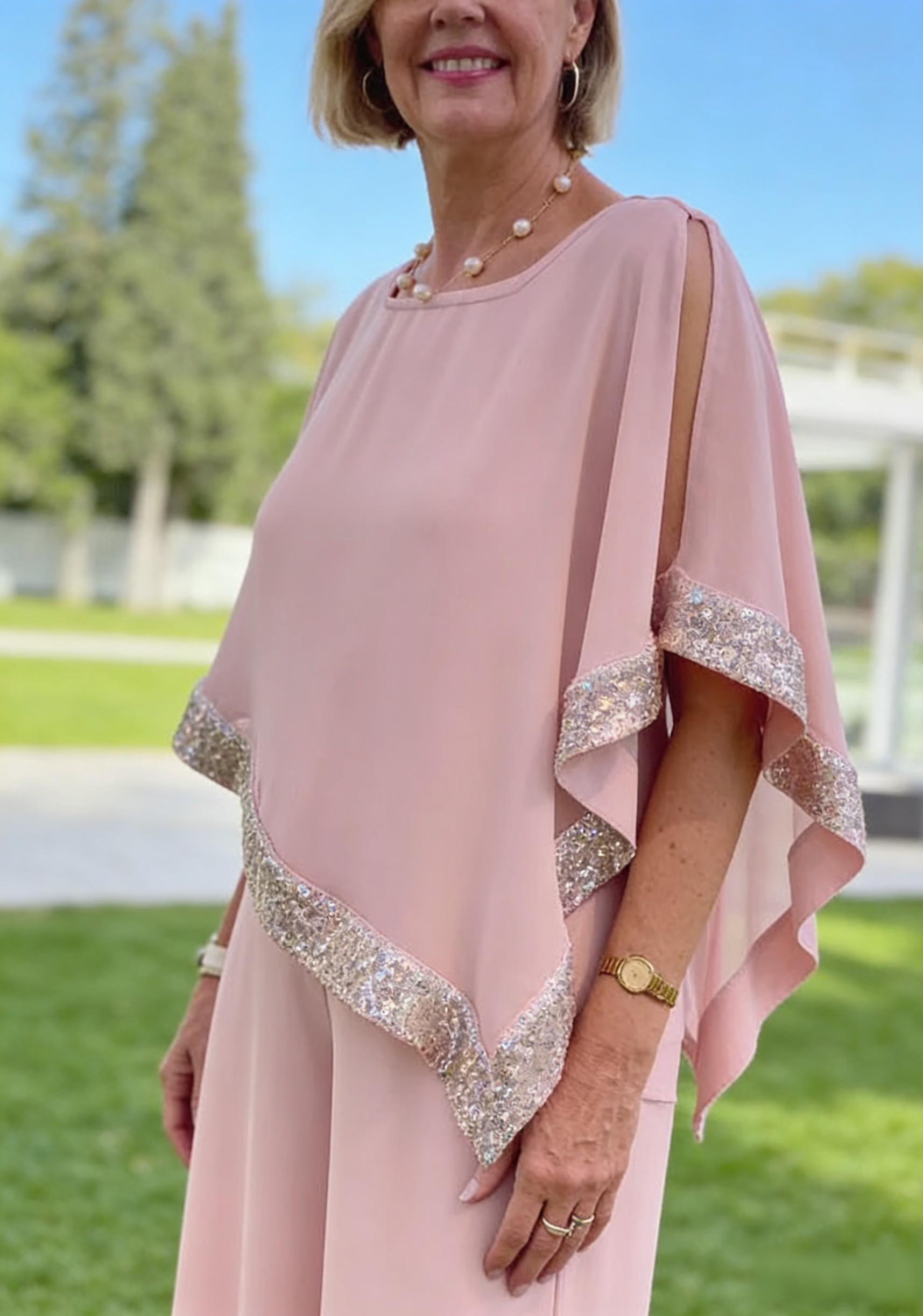 Pink sequined wide-legged suit, elegant temperament two-piece suit