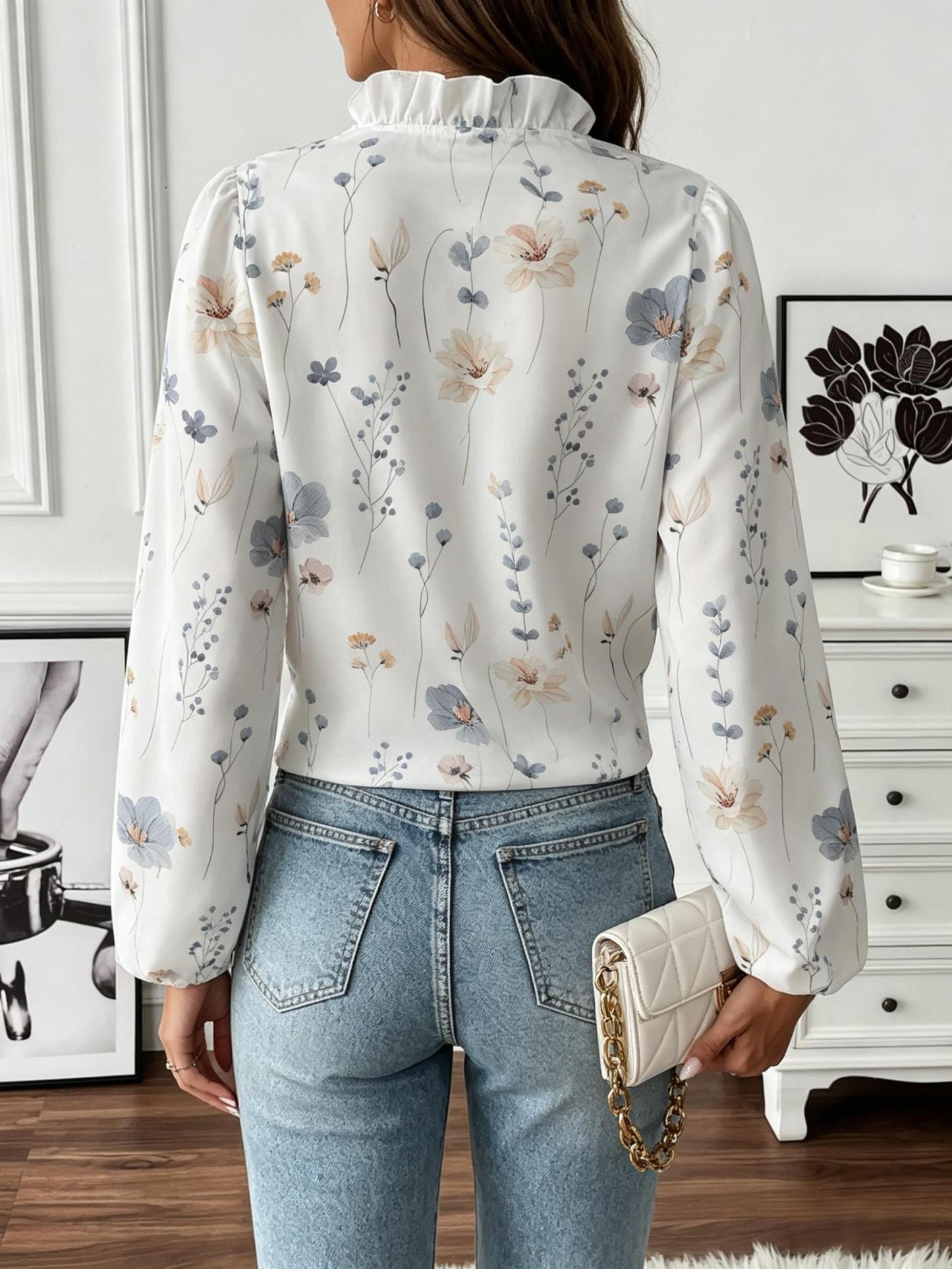 Floral Lace-Trimmed V-Neck Blouse, Puff Sleeve Chiffon Top