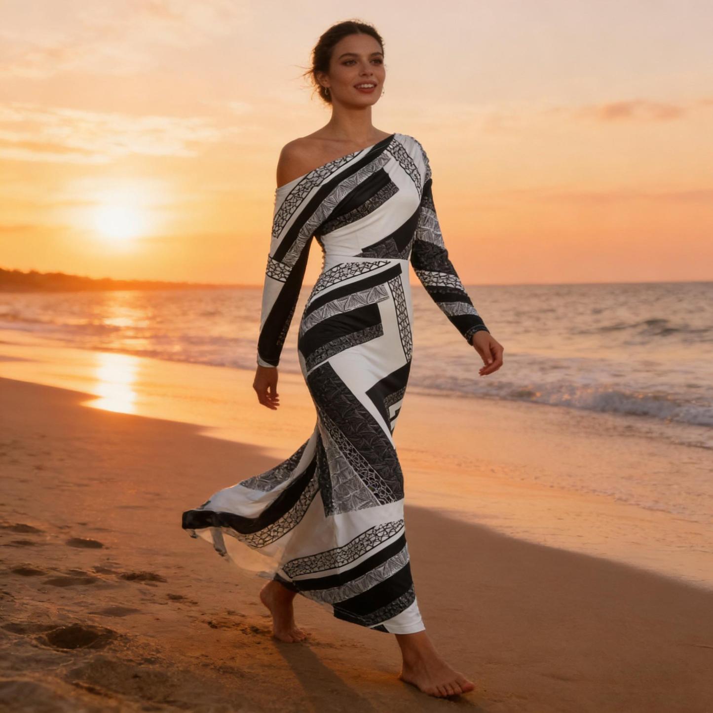 Black-and-white geometric-patterned slouch-shouldered women‘s dress Long-sleeved, body-fitting, hip-length skirt