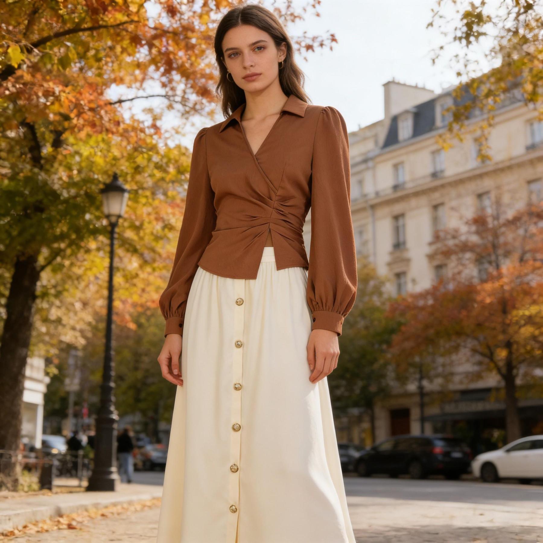 Caramel-colored twisted body shirt, beige-white high-waisted half-skirt button-down suit