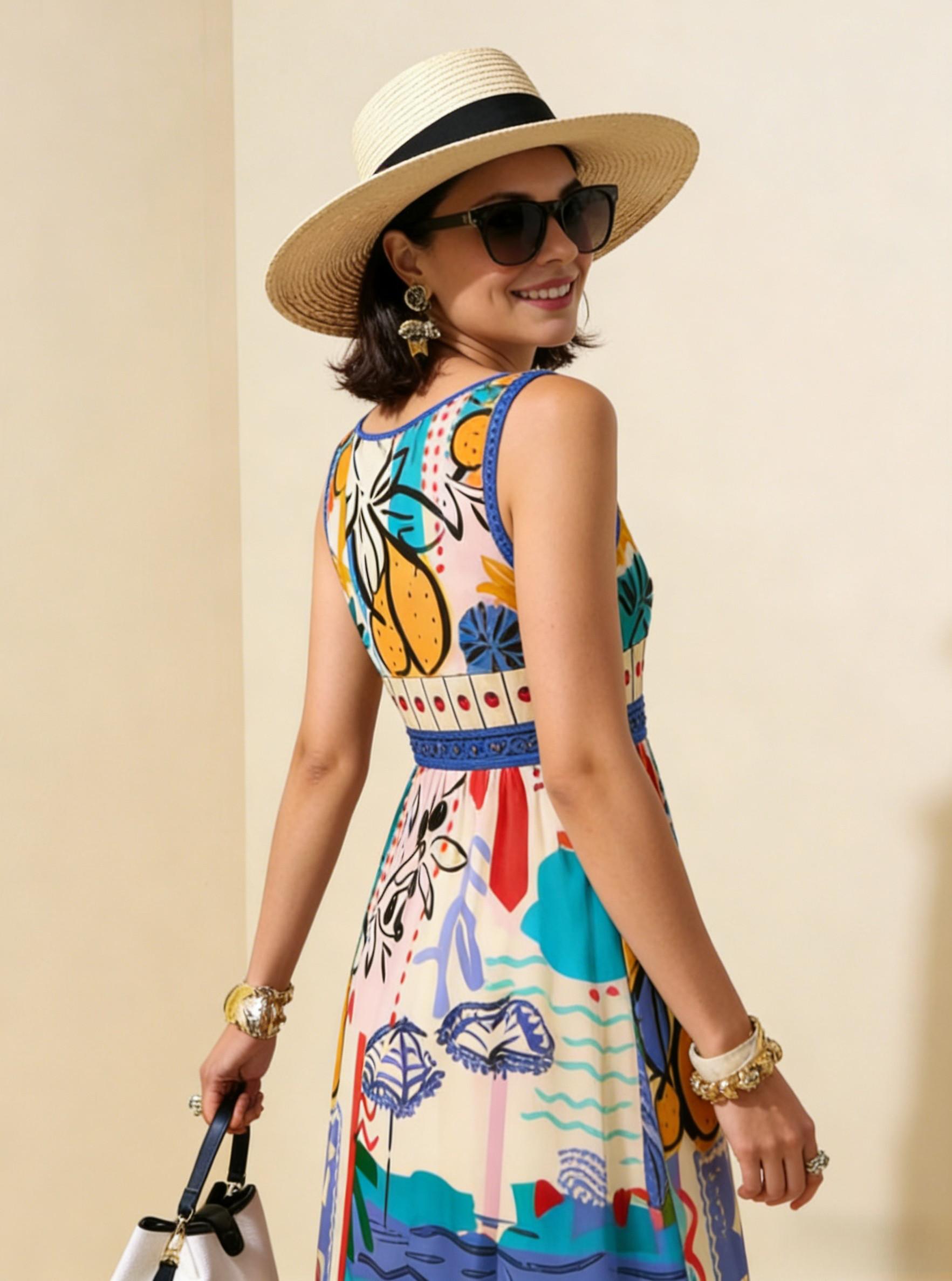 Colorful Graffiti Vacation Sleeveless Maxi Dress, Mediterranean Style Flowy Dress